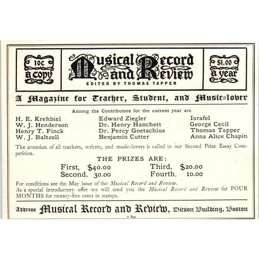 Thomas Tapper Musical Record and Review Boston c1905 Victorian Ad AE9-MA4