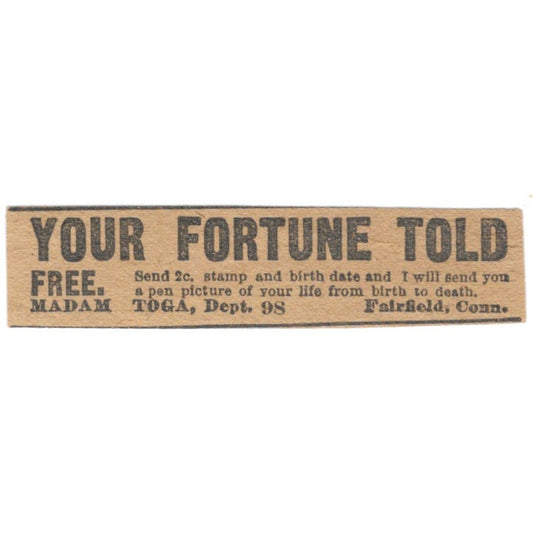 Your Fortune Told - Madam Toga Fairfield CT 1906 Original Ad AK6-S10