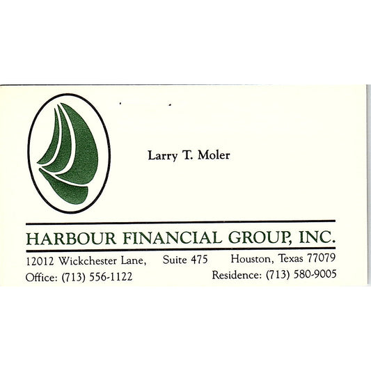 Harbour Financial Group Larry T Moler Houston Texas Vintage Business Card SF3-B4