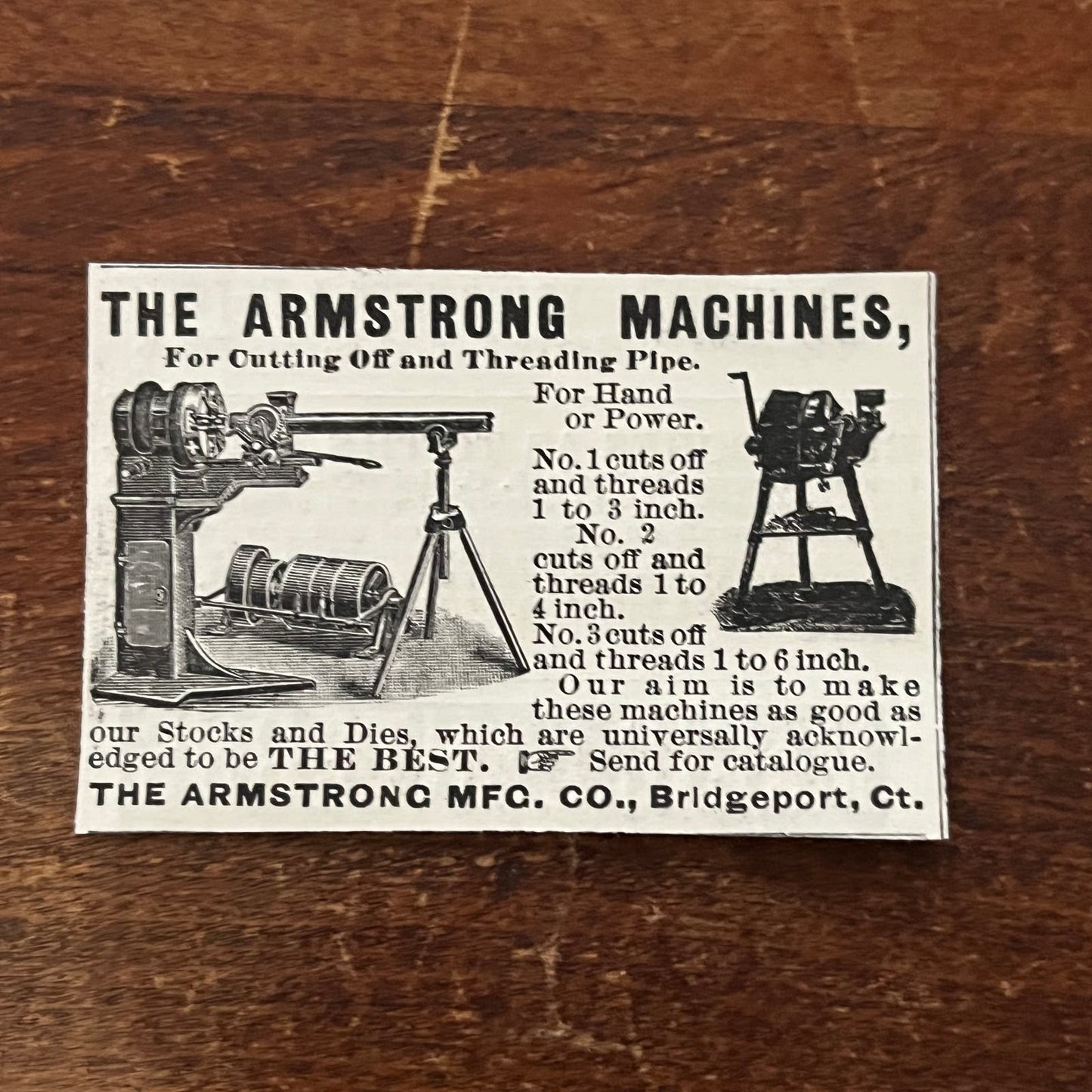 Armstrong Pipe Cutting Machines Bridgeport CT Original Advertisement AD8-P29