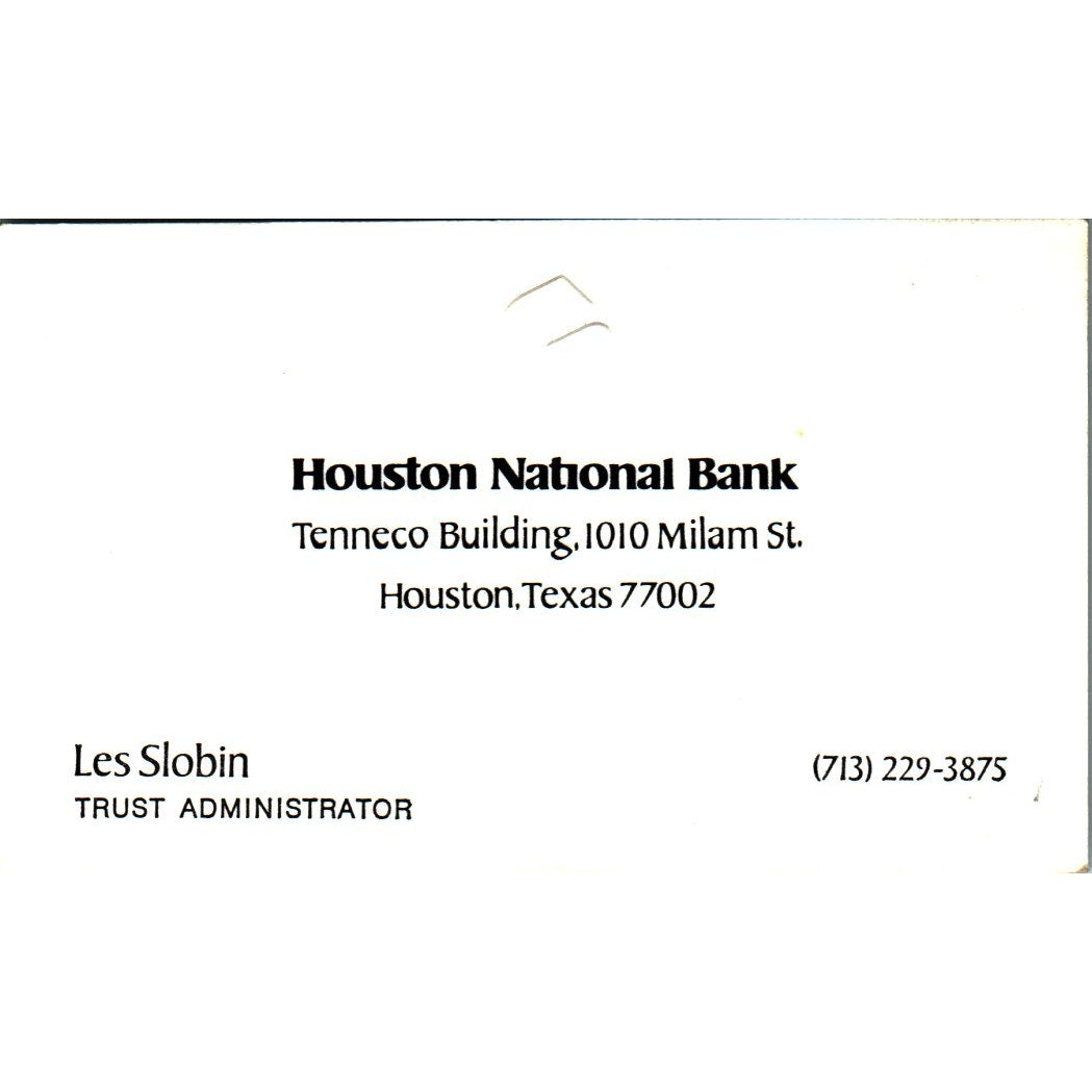 Les Slobin Houston National Bank TX Vintage Business Card SE3-B9