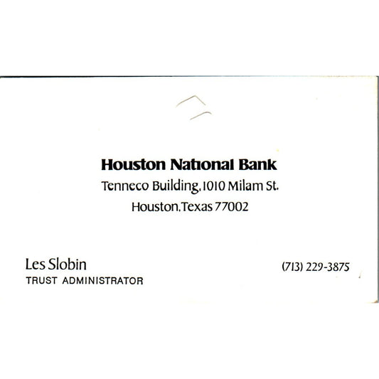 Les Slobin Houston National Bank TX Vintage Business Card SE3-B9