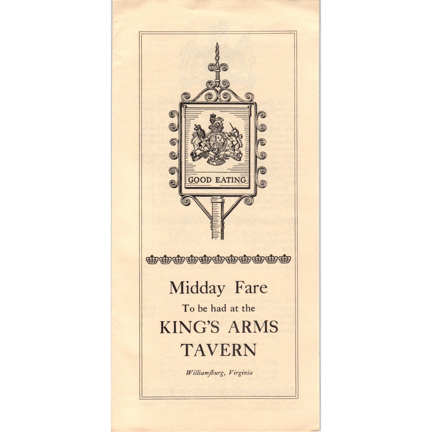 1976 Midday Fare to be had at the King's Arms Tavern Williamsburg VA Menu TF4-BD