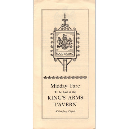 1976 Midday Fare to be had at the King's Arms Tavern Williamsburg VA Menu TF4-BD