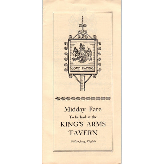 1976 Midday Fare to be had at the King's Arms Tavern Williamsburg VA Menu TF4-BD