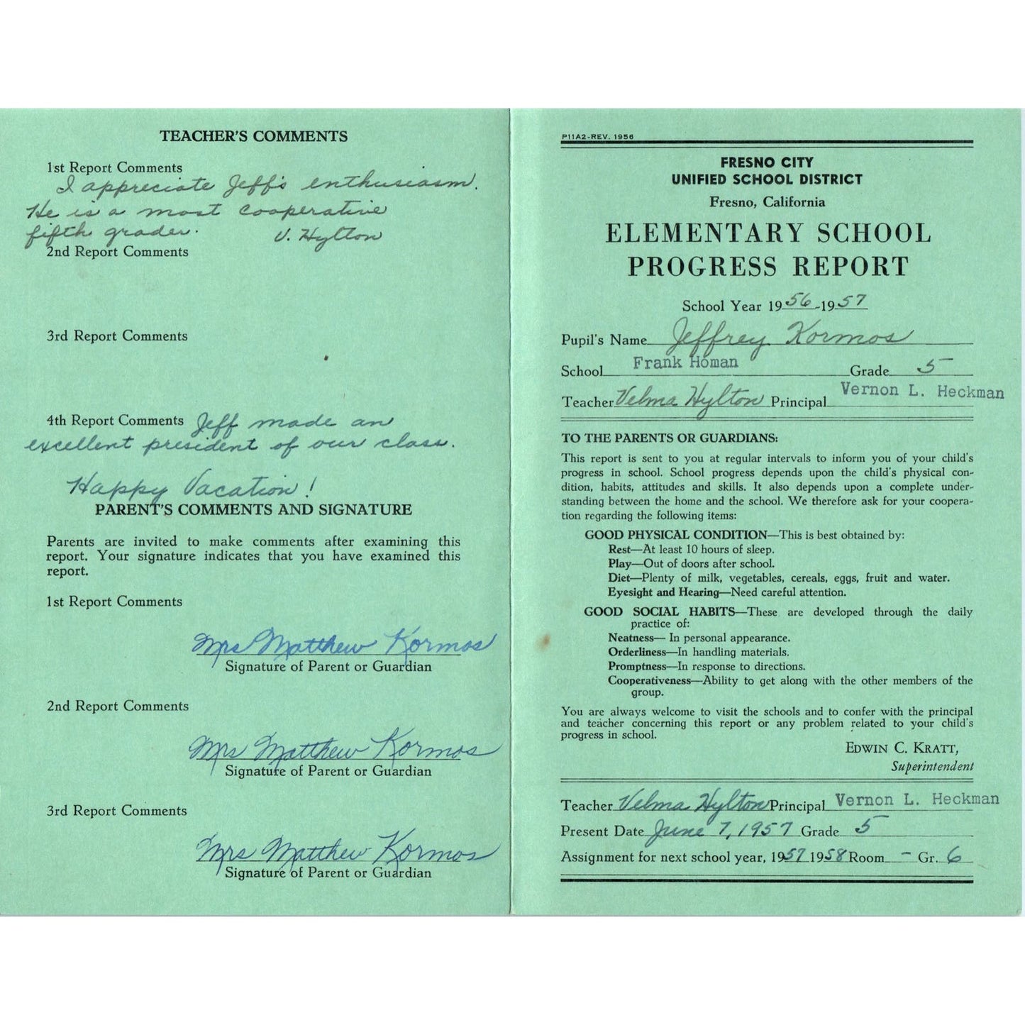 1956-57 Fresno City Schools Fresno CA Report Card Jeffrey Kormos Grade 6 AB9