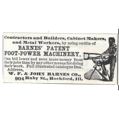 W.F. & John Barnes Co Patent Foot Power Machinery Rockford IL 1892 Ad AG2-S21