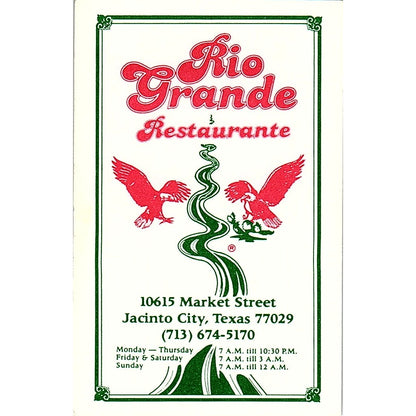 Rio Grande Restaurante Jacinto City TX Vintage Business Card SC9-B9