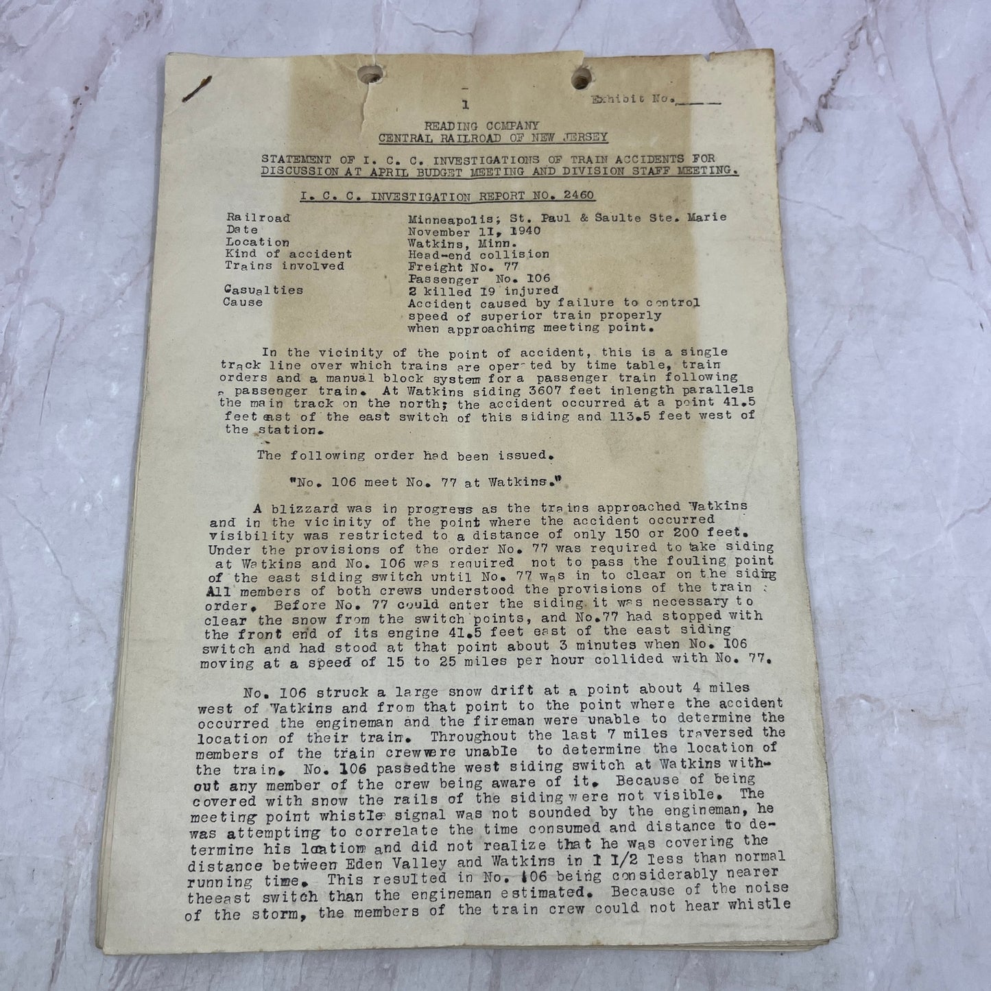 1940 Reading Company Central Railroad Statement on Train Accidents D22