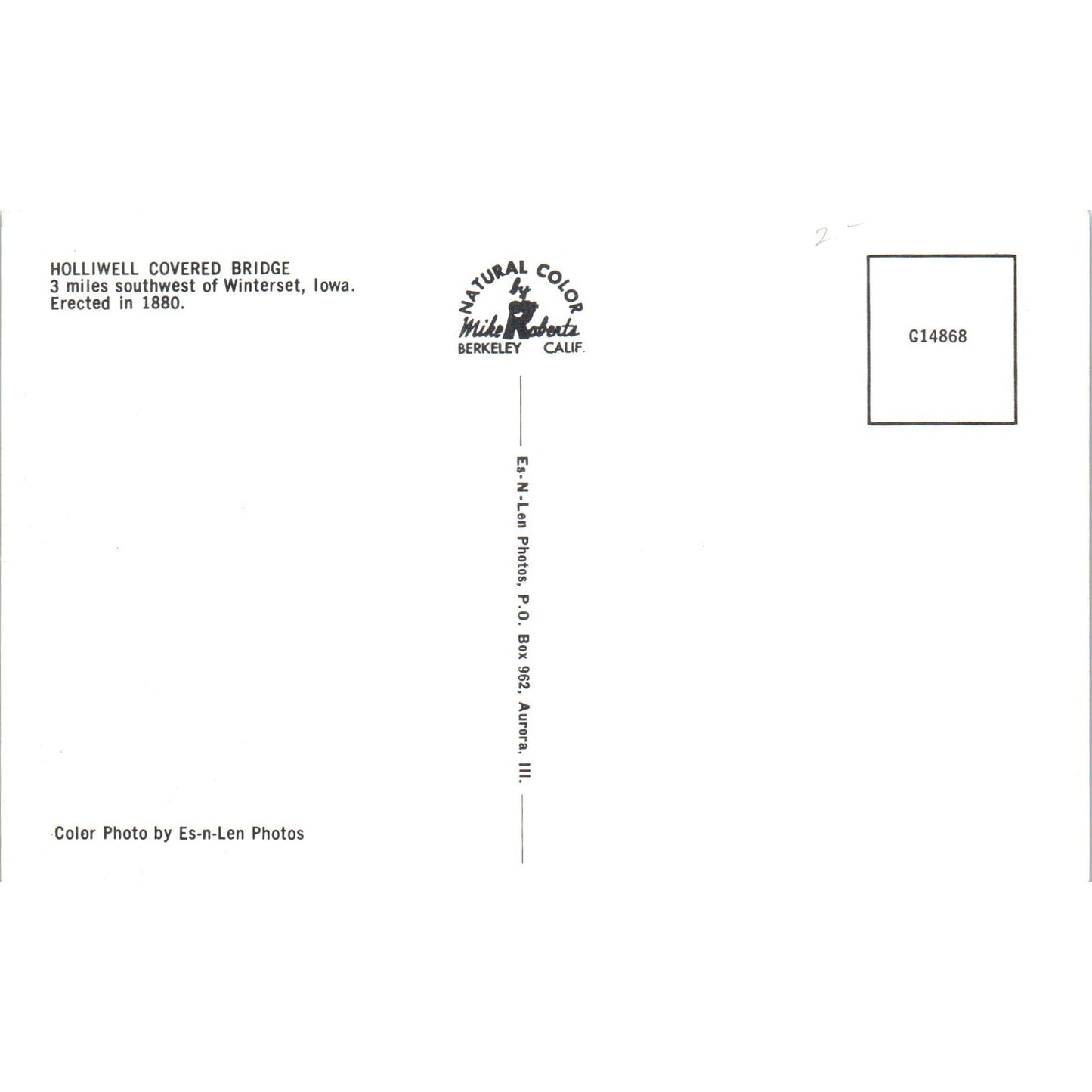 Holliwell Bridge Winterset Iowa Covered Bridge Postcard PC7