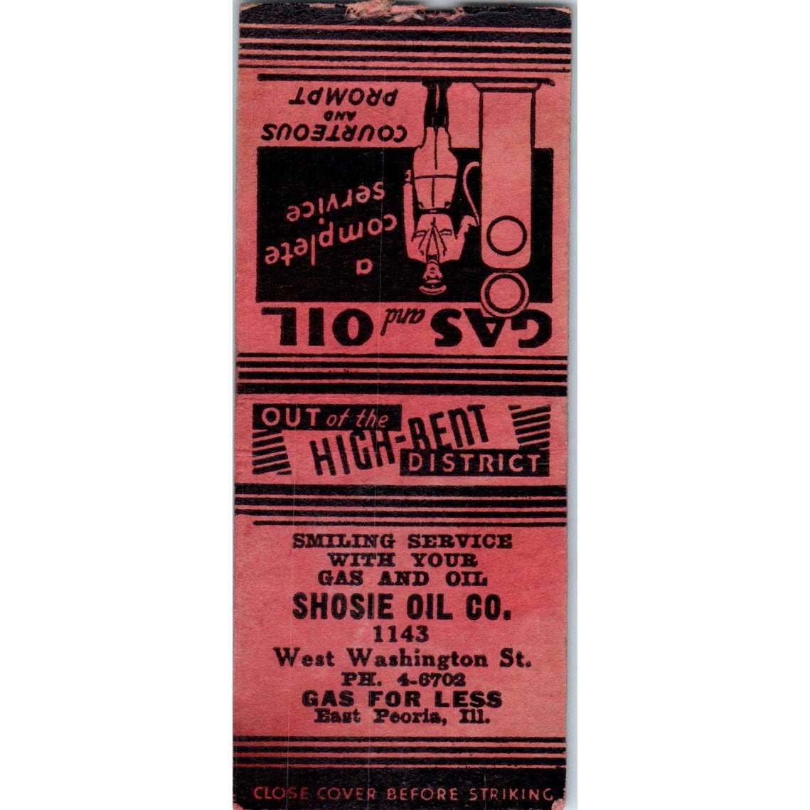 Shosie Oil Co Gas Peoria IL Vintage Matchbook Cover SD2-Y15