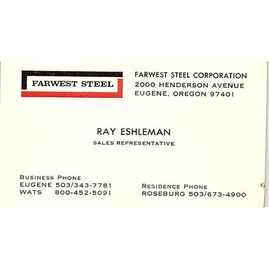 Ray Eshleman Farwest Steel Corp Eugene OR Vintage Business Card SC9-B12