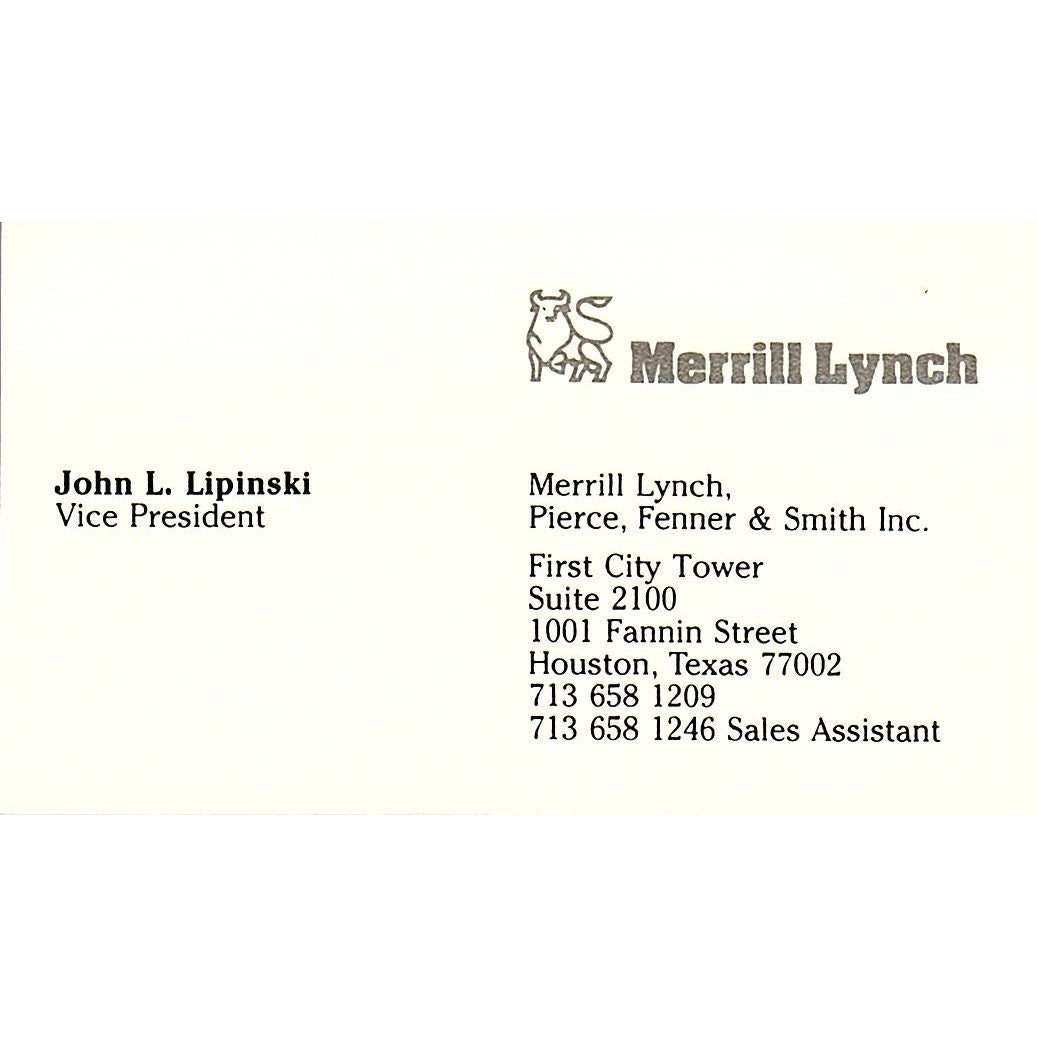 Merrill Lynch John L. Lipinski Houston Texas Vintage Business Card SB4-B1