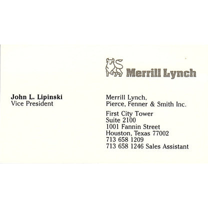 Merrill Lynch John L. Lipinski Houston Texas Vintage Business Card SB4-B1