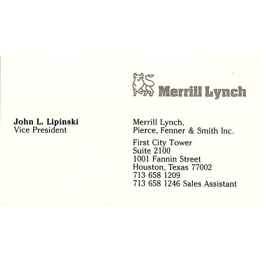 Merrill Lynch John L. Lipinski Houston Texas Vintage Business Card SB4-B1