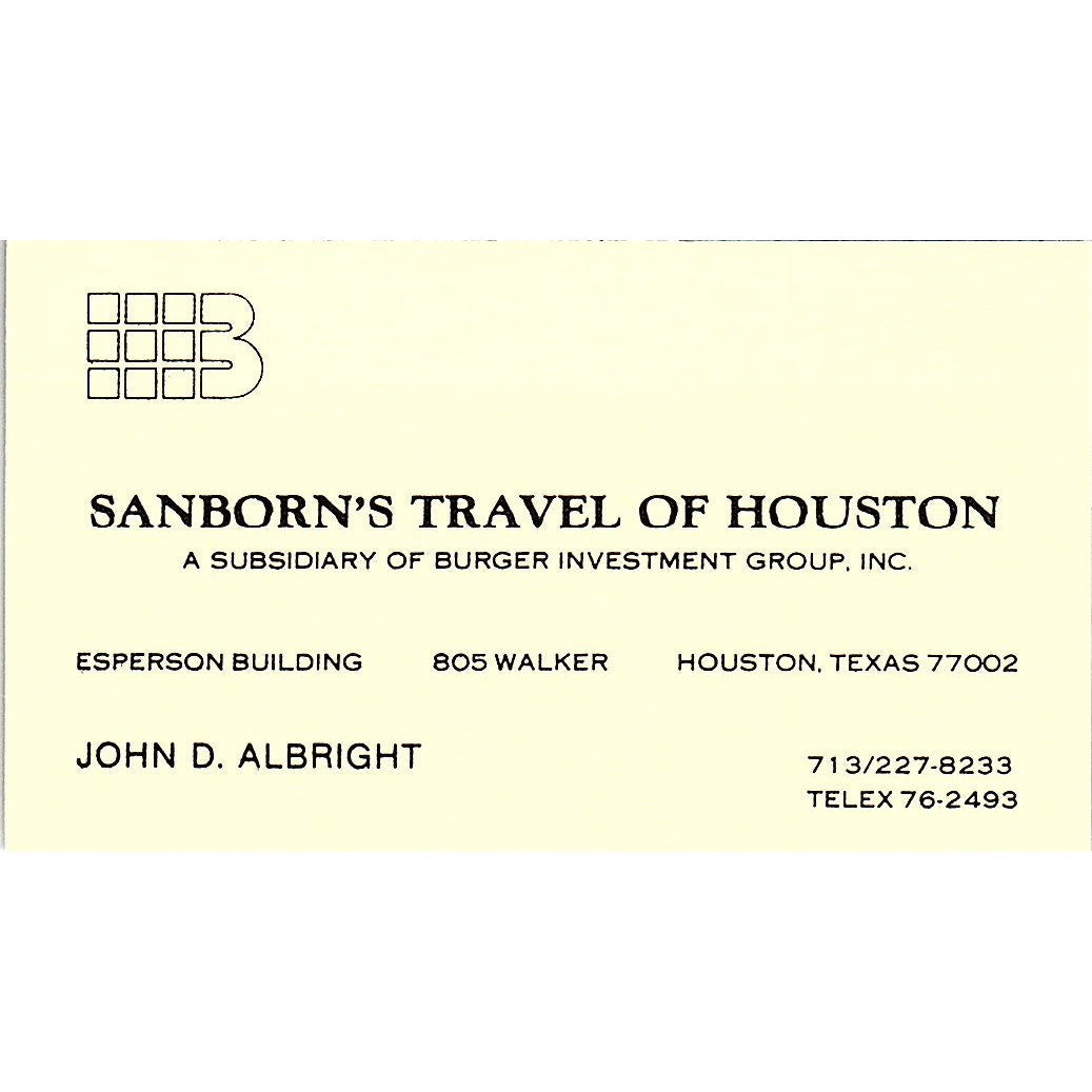 SanBorns Travel Of Houston John Albright Houston TX Vintage Business Card SB4-B7