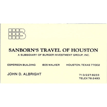 SanBorns Travel Of Houston John Albright Houston TX Vintage Business Card SB4-B7