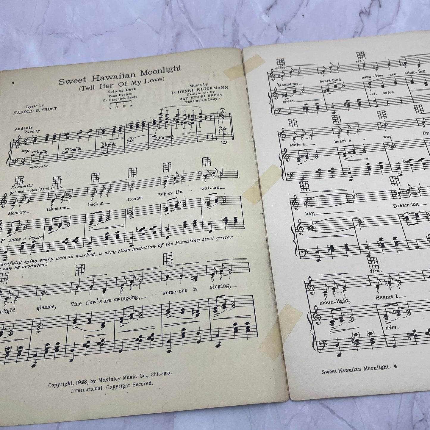 1928 Sweet Hawaiian Moonlight Tell Her of My Love Vintage Sheet Music V14-1