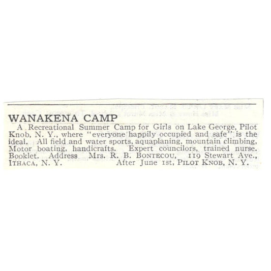Wanakena Camp Lake George Pilot Knob NY R.B Bontecou c1918 Advertisement AE5-SA4