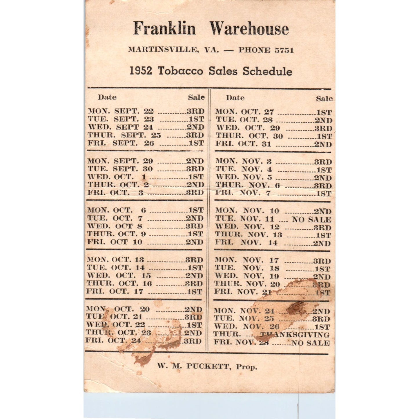 1952 Franklin Warehouse W.M. Puckett Tobacco Sales Schedule Martinsville AF1-RR2