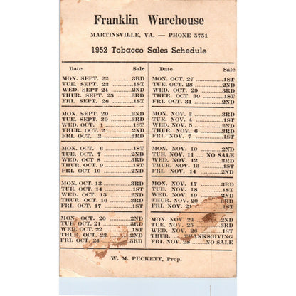 1952 Franklin Warehouse W.M. Puckett Tobacco Sales Schedule Martinsville AF1-RR2