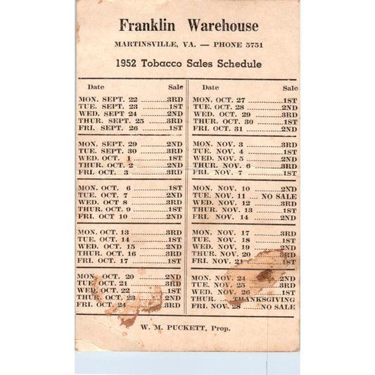 1952 Franklin Warehouse W.M. Puckett Tobacco Sales Schedule Martinsville AF1-RR2