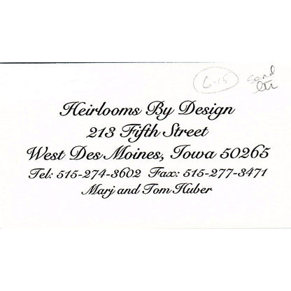 Heirlooms By Design Marj & Tom Huber West Des Moines IA Vtg Business Card SC9-B8
