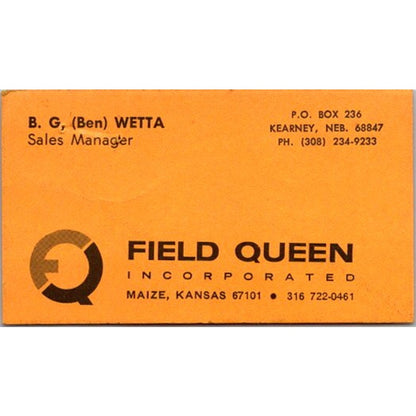 Field Queen Inc B.G. Ben Wetta Maize Kansas Vintage Business Card AJ2-S9