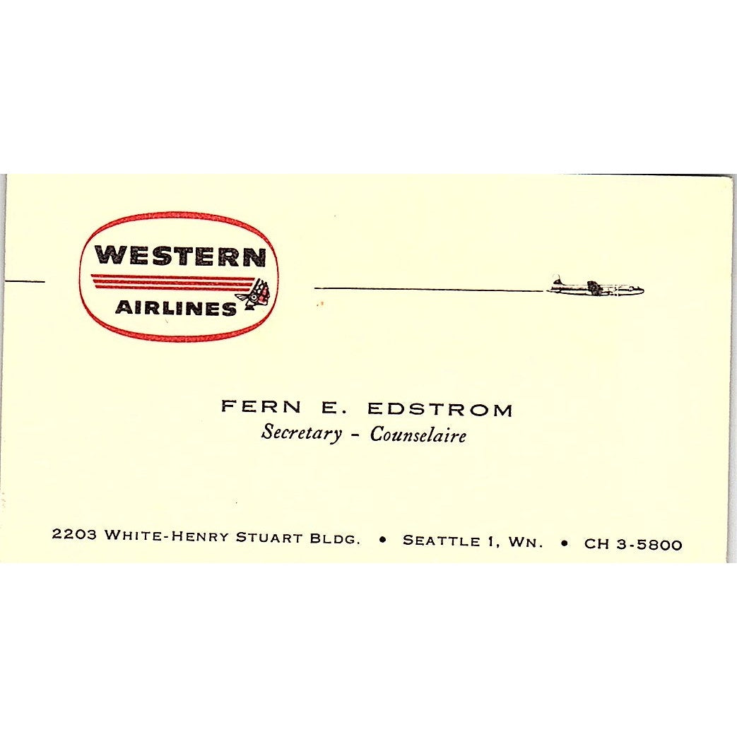 Western Airlines Fern E Edstrom Seattle WA Vintage Business Card SE3-B16
