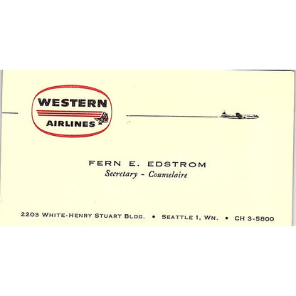 Western Airlines Fern E Edstrom Seattle WA Vintage Business Card SE3-B16