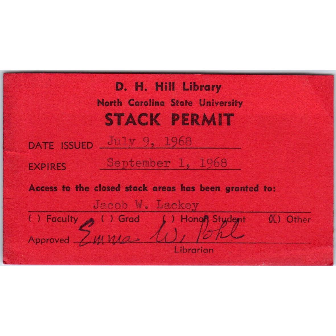 1968 D.H. Hill Library North Carolina State University Stack Permit Card AF1