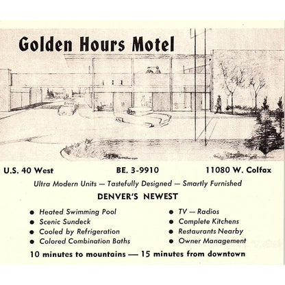 La Fonda Motel John & Ada Landaker, Golden Hours Motel Denver CO 1958 Ad AG1-H1