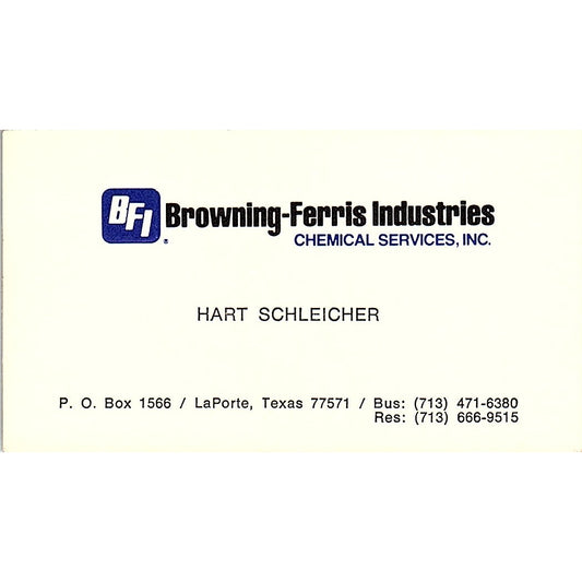Browning-Ferris Industries,Hart Schleicher Laporte TX, Business Card SF3-B9