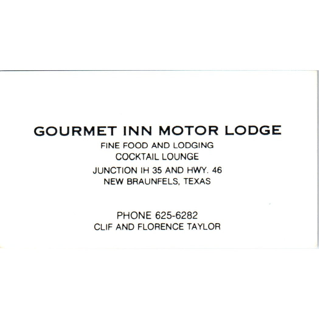 Gourmet Inn Motor Lodge Clif Florence Taylor New Braunfels Business Card SD8-B22