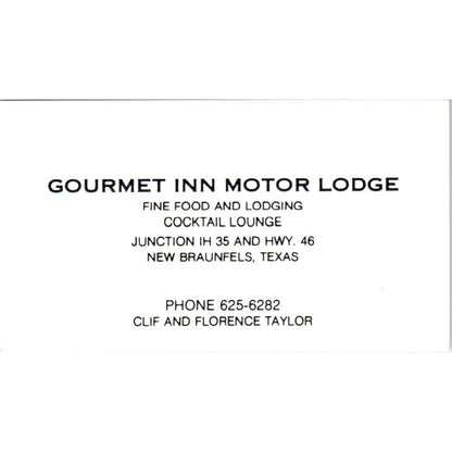Gourmet Inn Motor Lodge Clif Florence Taylor New Braunfels Business Card SD8-B22