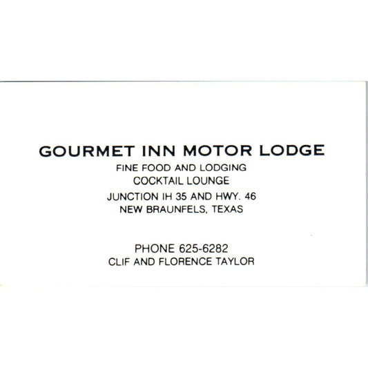 Gourmet Inn Motor Lodge Clif Florence Taylor New Braunfels Business Card SD8-B22