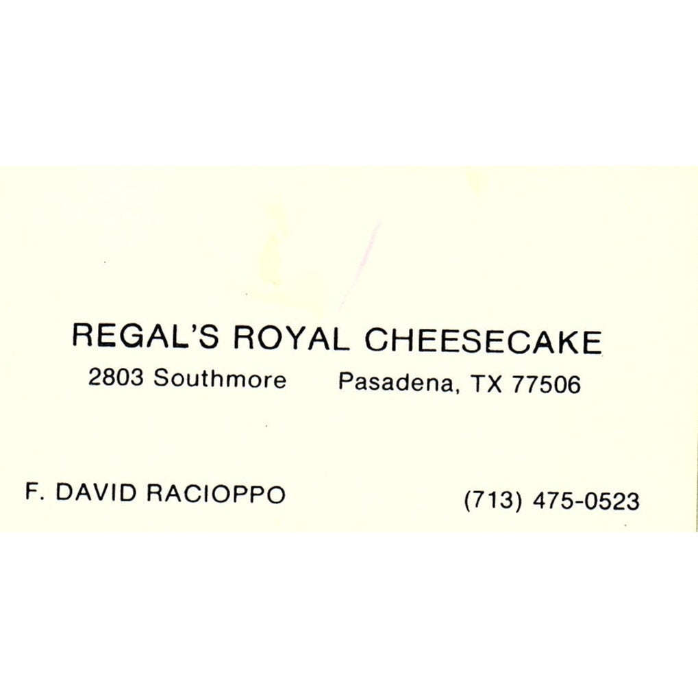 Regal's Royal Cheesecake F. David Racioppo Pasadena Vintage Business Card SC9-B7