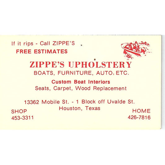 Zippe's Upholstery Boats Furniture Auto Houston TX Vintage Business Card SF3-B6