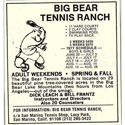 Big Bear Tennis Ranch Dick Leach Bill Frantz San Marino CA 1977 Ad AF3-Q3