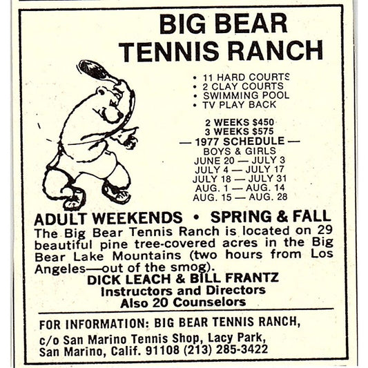 Big Bear Tennis Ranch Dick Leach Bill Frantz San Marino CA 1977 Ad AF3-Q3
