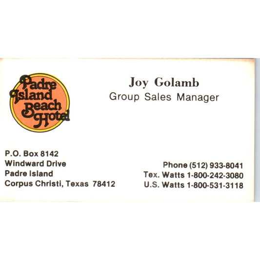 Joy Golamb Padre Island Beach Hotel Corpus Christi Vintage Business Card SD8-B22