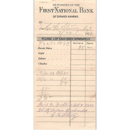 1893 First National Bank of Girard Kansas Deposit Slip AD8-R2