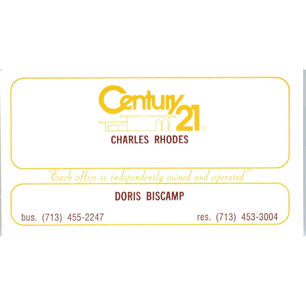 Doris Biscamp Charles Rhodes Century 21 Realty Houston TX Business Card SD4-B5
