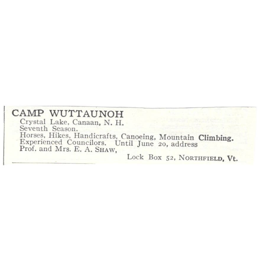 Camp Wuttaunoh Crystal Lake Canaan NH E.A. Shaw c1918 Advertisement AE5-SA7