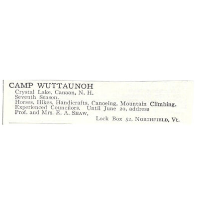 Camp Wuttaunoh Crystal Lake Canaan NH E.A. Shaw c1918 Advertisement AE5-SA7