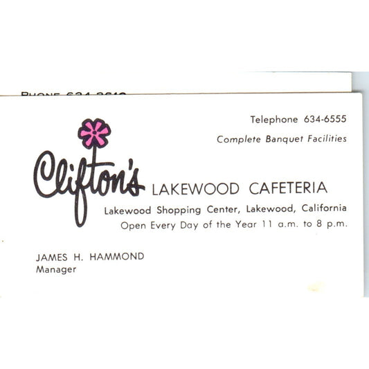 Clifton's Lakewood Cafeteria James H. Hammond CA Vintage Business Card SD8-B8