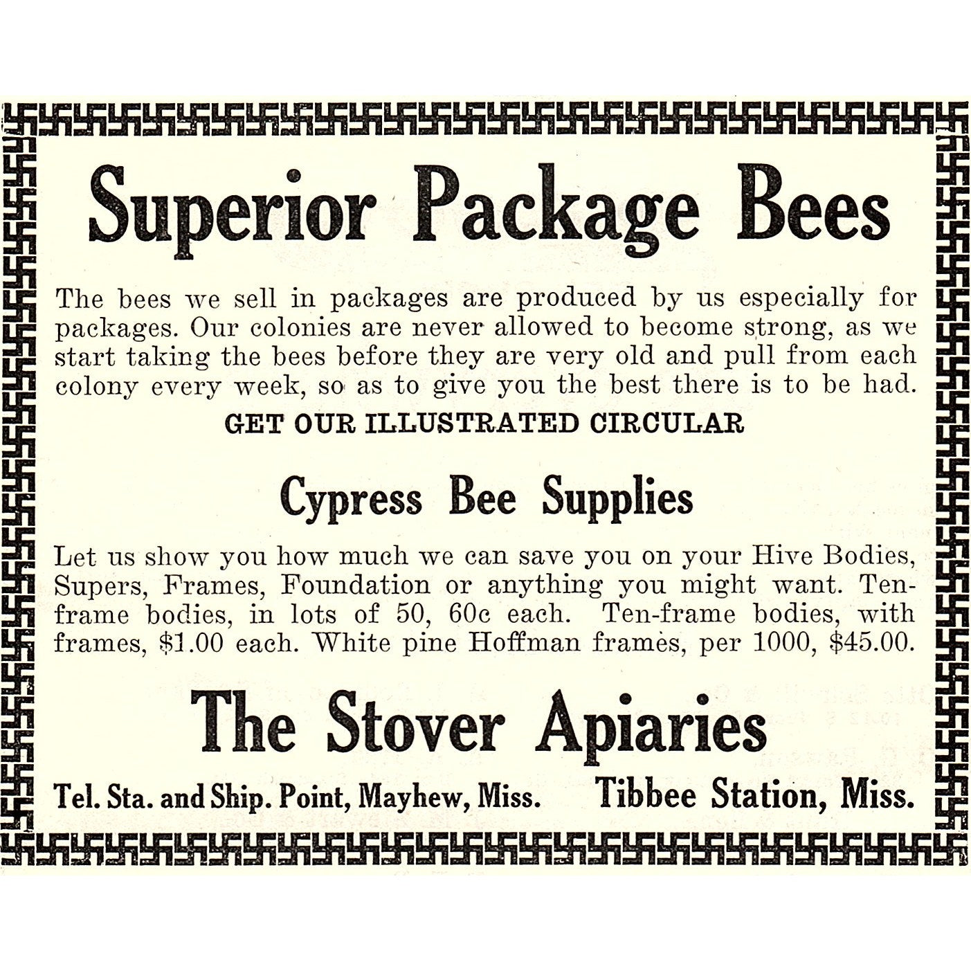 Stover Apiaries Superior Package Bees Mayhew Tibbee Station MS 1926 Ad AG3-H2