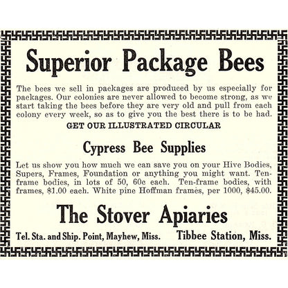 Stover Apiaries Superior Package Bees Mayhew Tibbee Station MS 1926 Ad AG3-H2