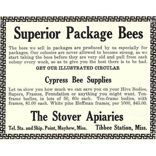 Stover Apiaries Superior Package Bees Mayhew Tibbee Station MS 1926 Ad AG3-H2