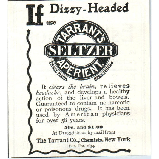 The Tarrant Co Chemists Seltzer Aperient NY 1903 Magazine Ad AF2-O4